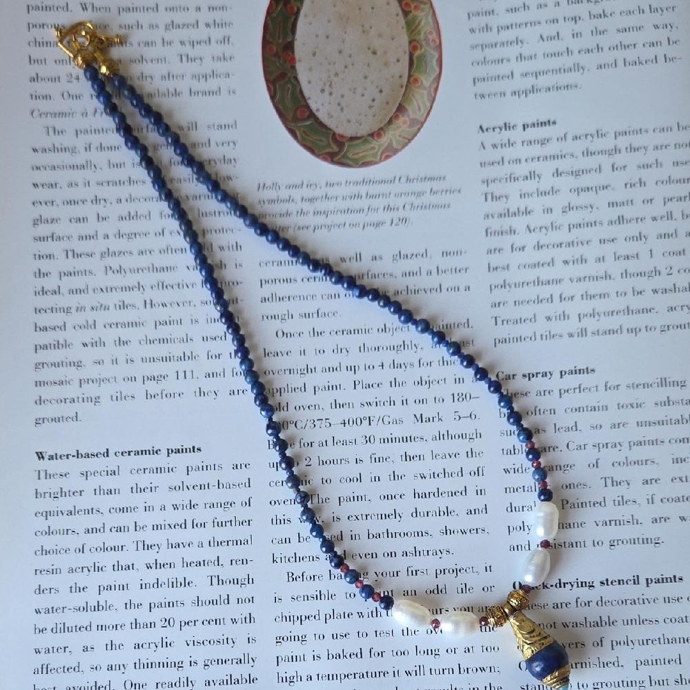 Real Lapis Lazuli Bead Necklace With Gold Pendant -Handcraft/  Boho Style - Picture 10 of 12